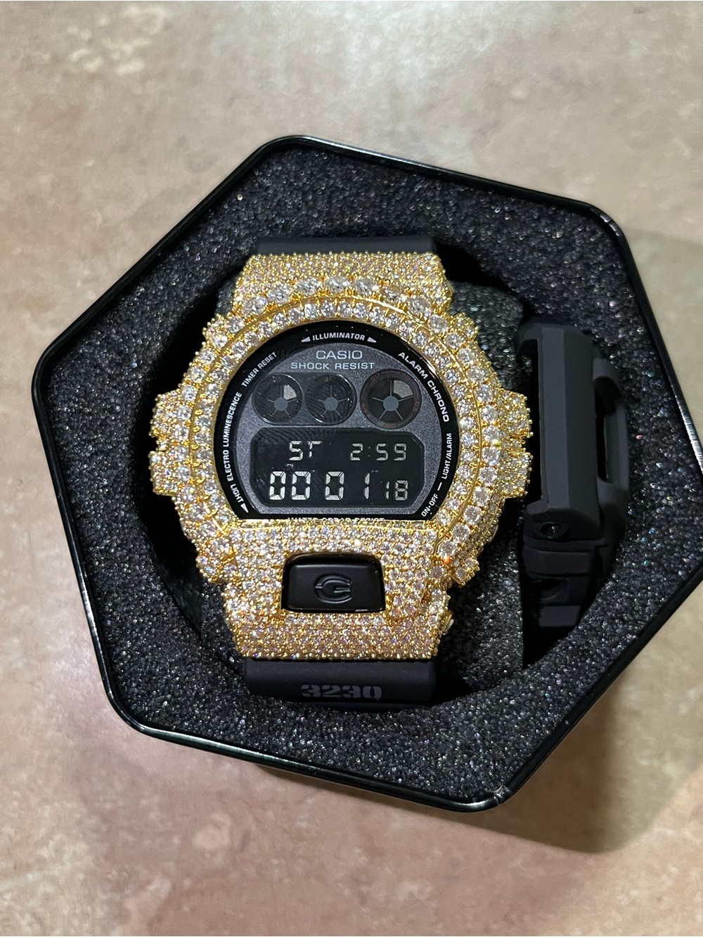 Casio Men's Digital Watch with Gold Crystal Pavé Bezel and Black Strap